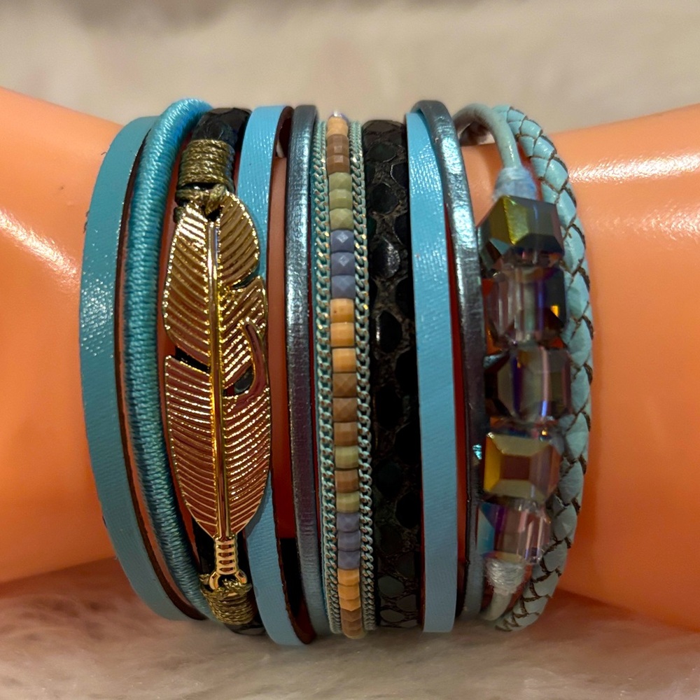 Faux Leather and Simulated Aura Crystals Wrap Style Bracelet/NIB